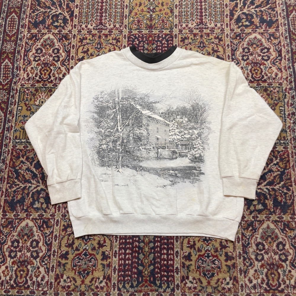 VTG 80s 90s NutCracker Mens Winter Scenic Mill Graphic Sweatshirt Gray Large